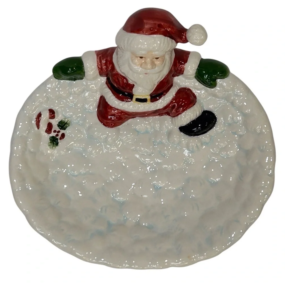 Santa on Snow Soap Dish/Candy Tray Christmas White/Red/Black Porcelain EUC